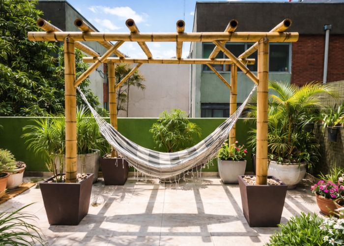 pergolado de bambu com rede ou móveis leves