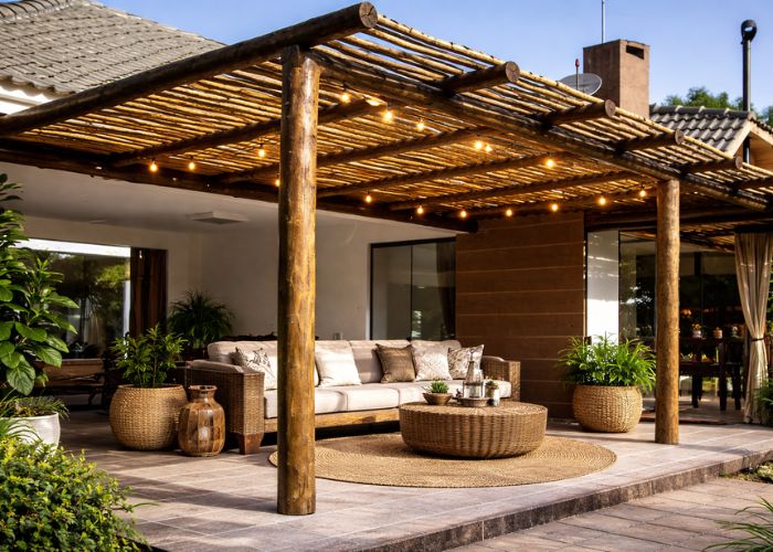 pergolado de bambu ligado à varanda da casa