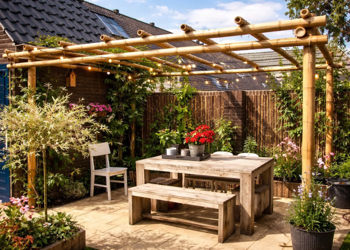 pergolados de bambu com plantas trepadeiras criando sombra natural