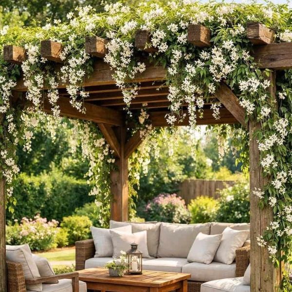 Pergolado com flores e sombra
