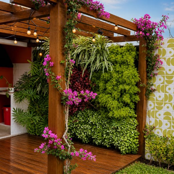 pergolados com plantas coloridas