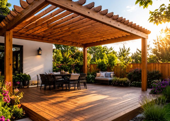 Pergolado de madeira com deck