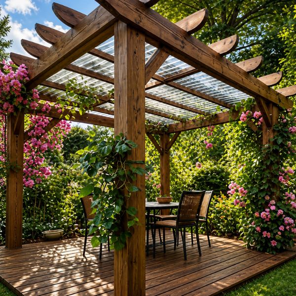 Pergolado de madeira com deck integrada ao jardim