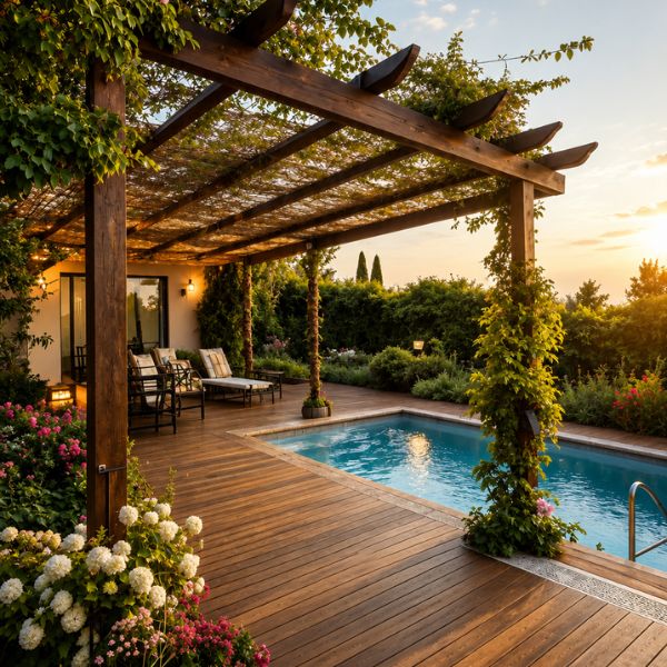 Pergolado de madeira com deck com piscina