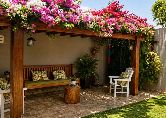 Pergolado de madeira com flores