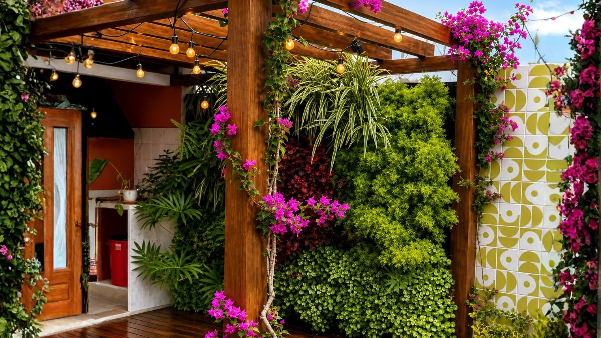 Pergolado de madeira com Flores coloridas
