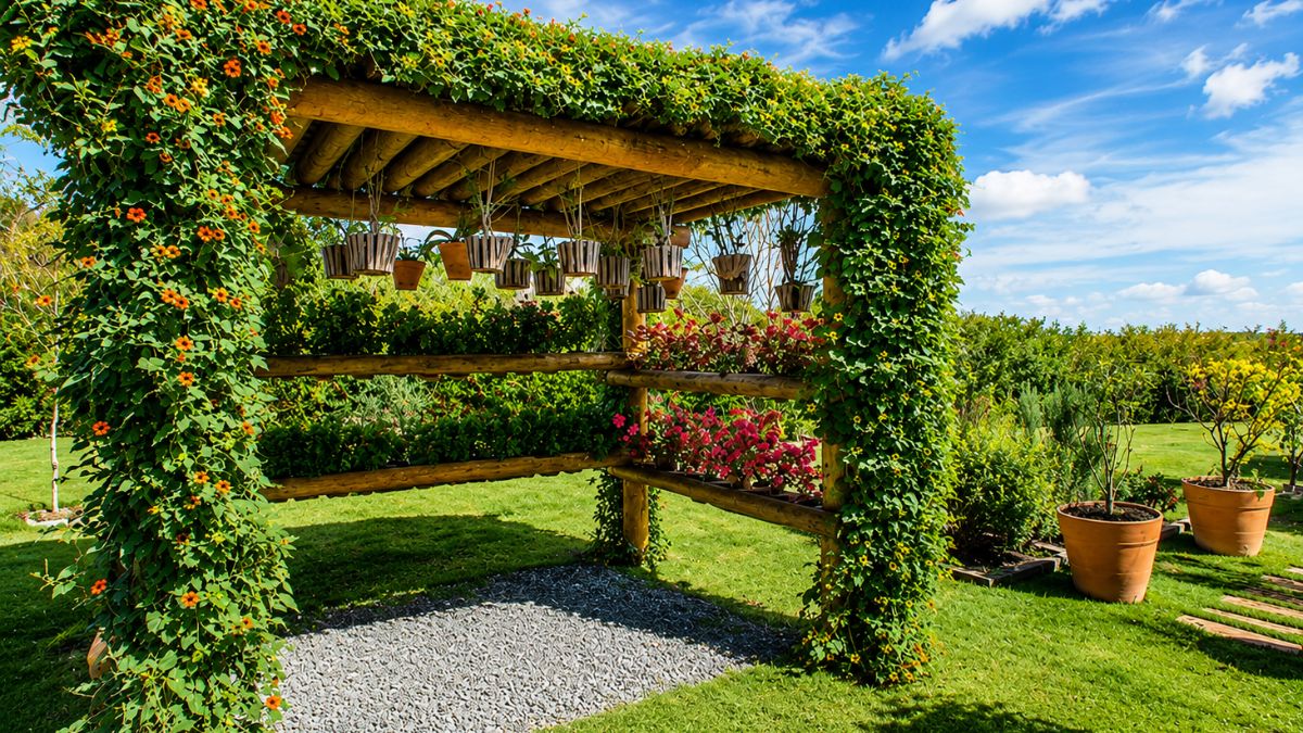 Pergolado de madeira com trepadeira