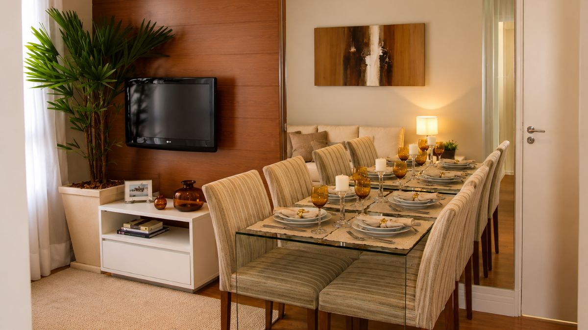 Sala de estar e jantar integradas pequenas simples