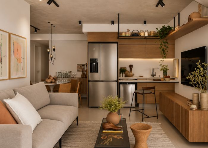 sala de estar, jantar e cozinha