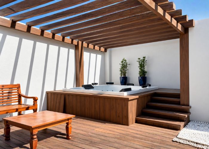 Jacuzzi com deck e pergolado