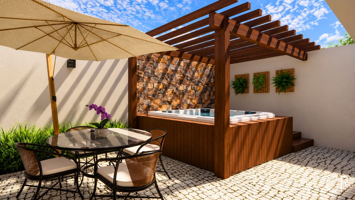 Jacuzzi externa com deck de madeira