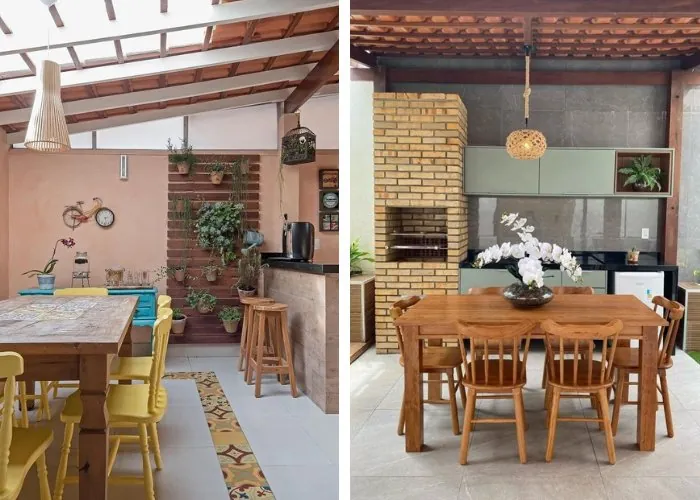 Área coberta com pergolado e mesa rústica