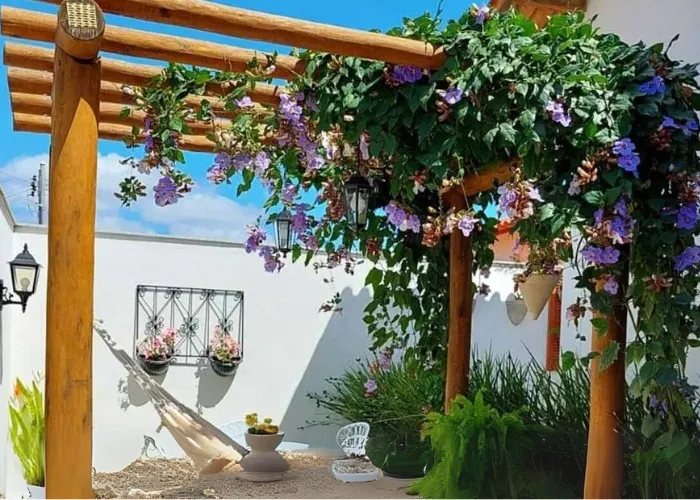 Pergolado de Madeira com plantas trepadeiras