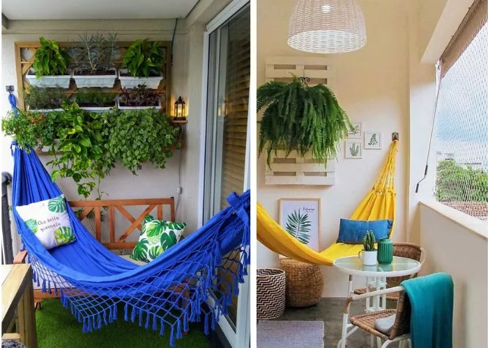 Varanda com rede e luzes decorativas