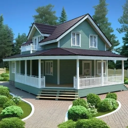 Casa de madeira americana com varanda em L