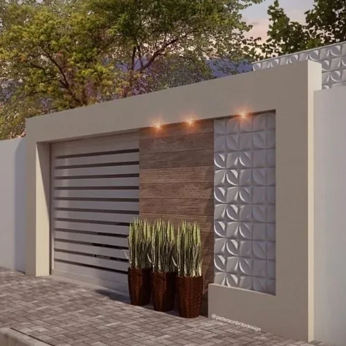 Fachada de muro com emadeira e placas geométricas