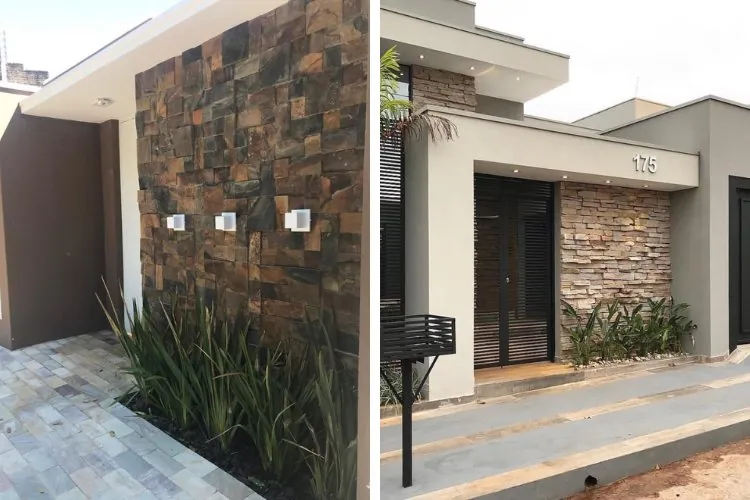Fachada de muro com detalhes em pedra